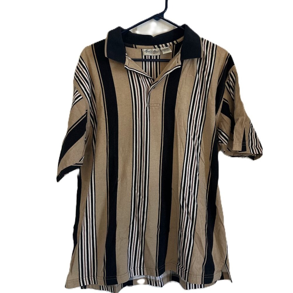 Resolute Bay Men's Polo Shirt Tan Blue Striped Short Sleeve Casual